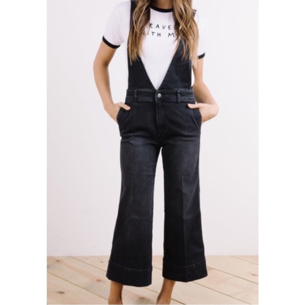 Free People Black Denim Wide-Leg Overalls